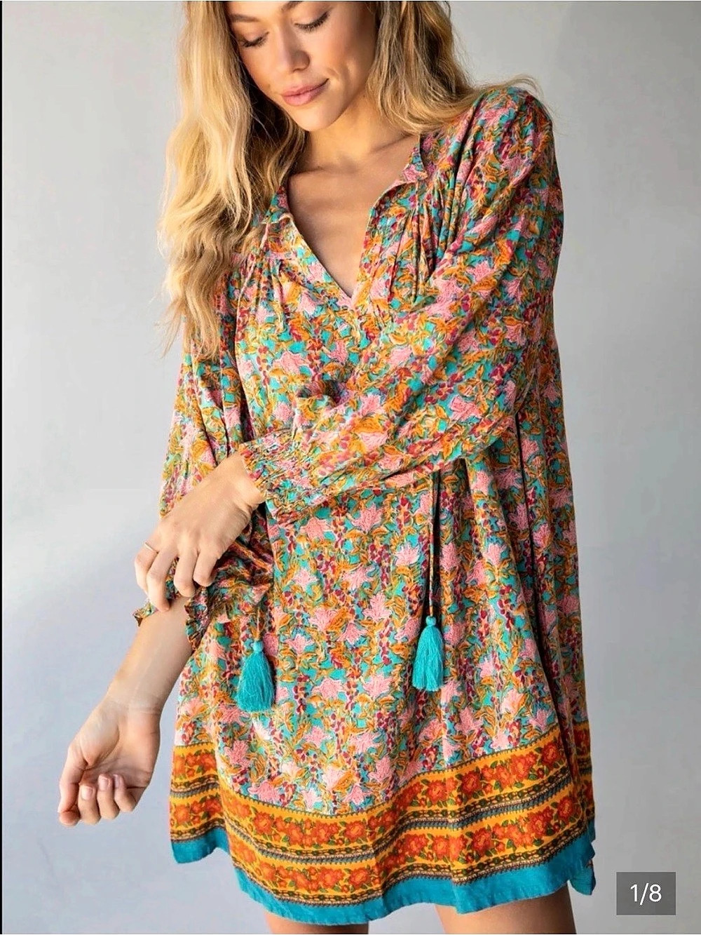Natural Life Dara V-Neck Tunic Dress Floral Blue & Pink Medium